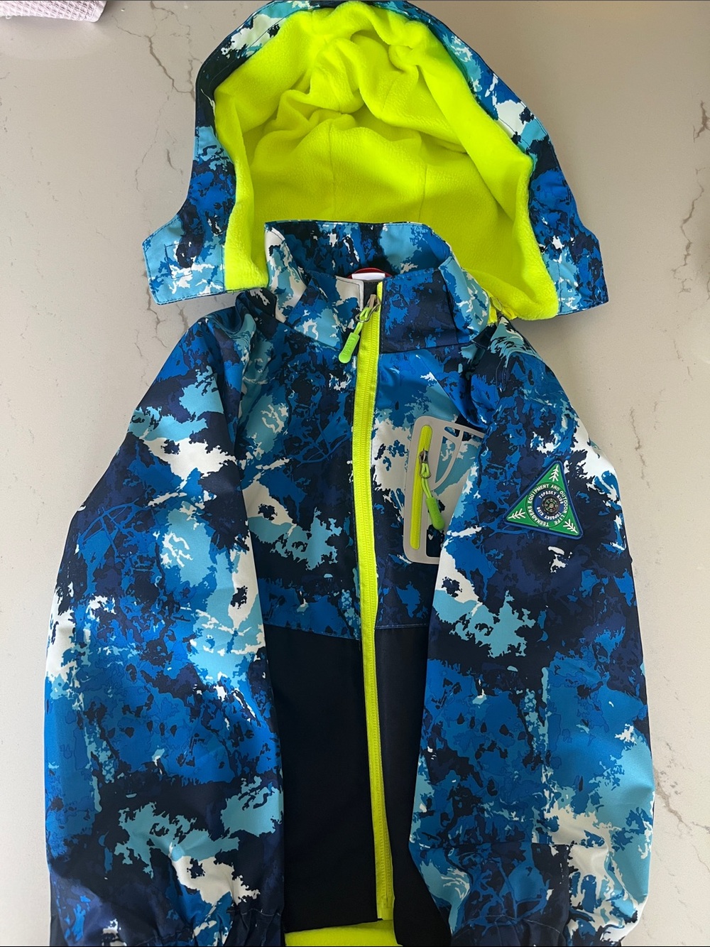Kids Blue Camo Hooded Raincoat with Neon Lining